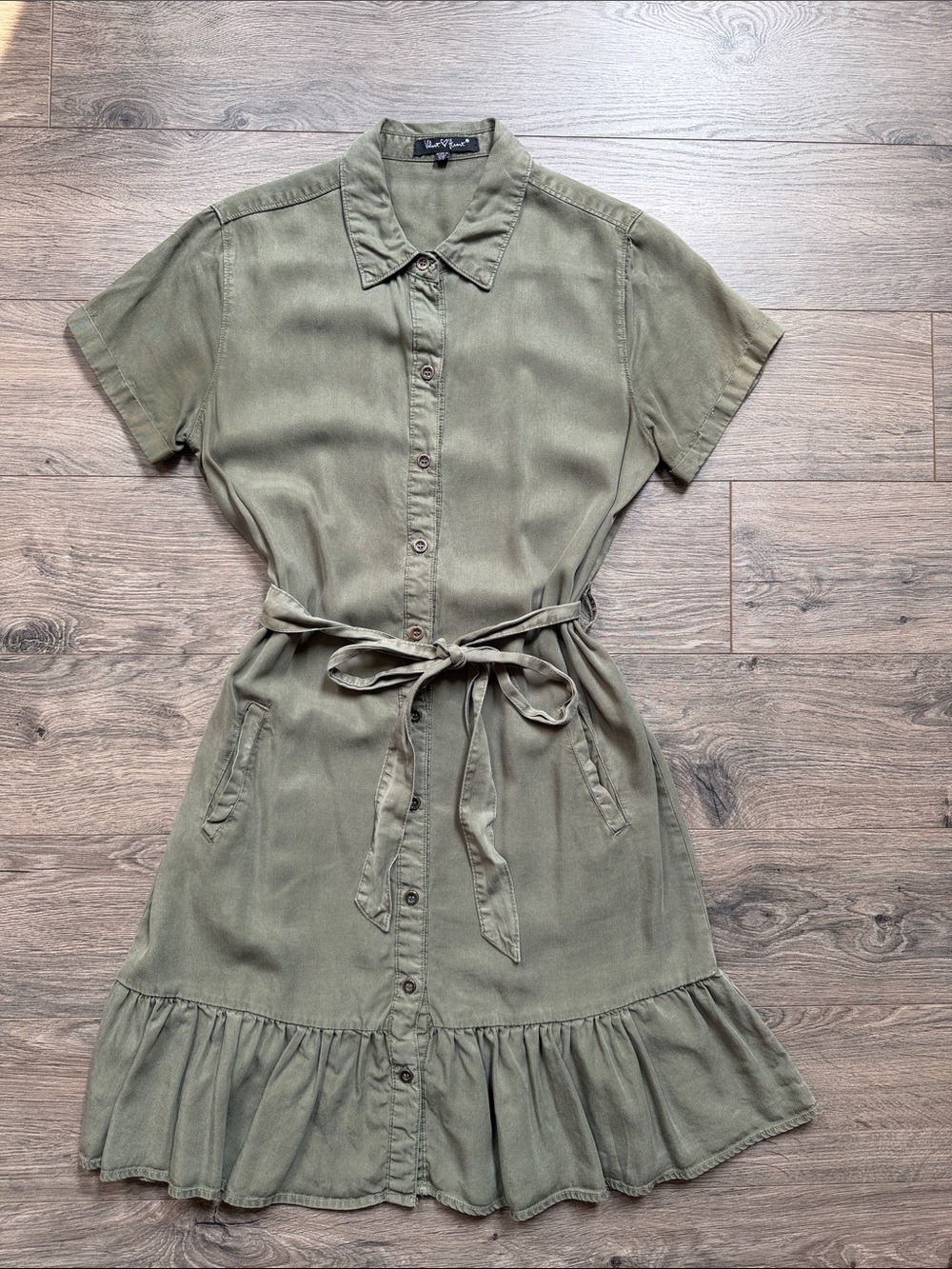 Velvet Heart Olive Utility Shirt Dress | XS | Belted Ruffle Hem - Picture 1 of 3